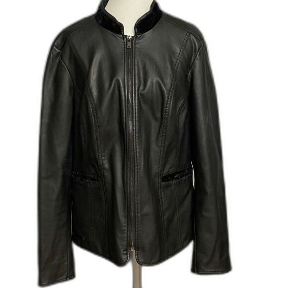 Alfani Black Faux Leather Jacket Women’s L Zip Front Velvet Trim Moto Style - Picture 1 of 13